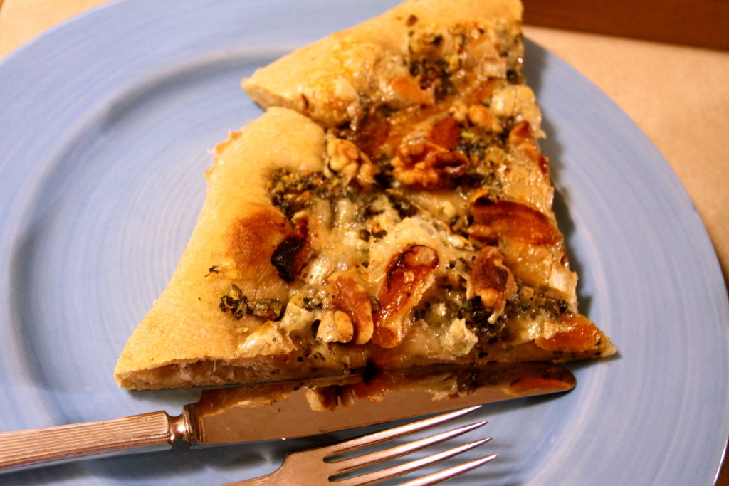 apricot, walnut, and Brie pizza