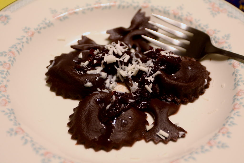 chocolate ravioli with mascarpone filling