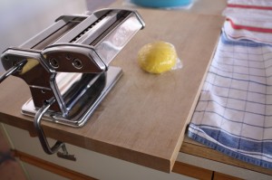 Pasta machine attached to cutting board
