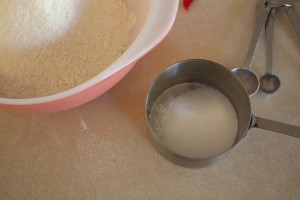 measured out sugar, salt, baking powder, baking soda