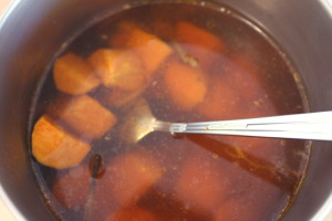 Bring the soup to a boil, then simmer until the potatoes are almost mushy. The better for blending, of course.