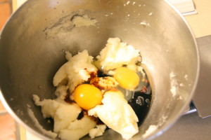 adding molasses and eggs